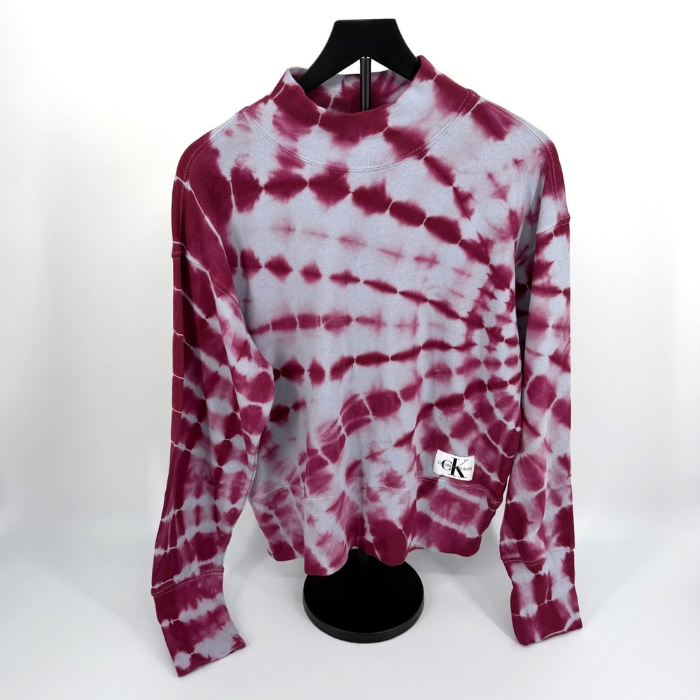 Calvin Klein Sweatshirt Womens L Burgundy New Tie Dye Mock Neck Logo Patch